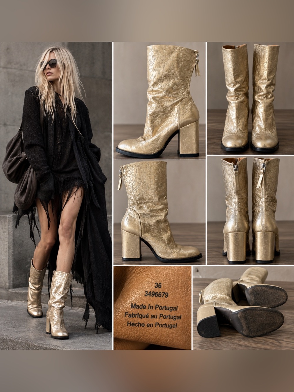 Free People Metallic Gold Leather Boots Size 36 Portugal Block Heel